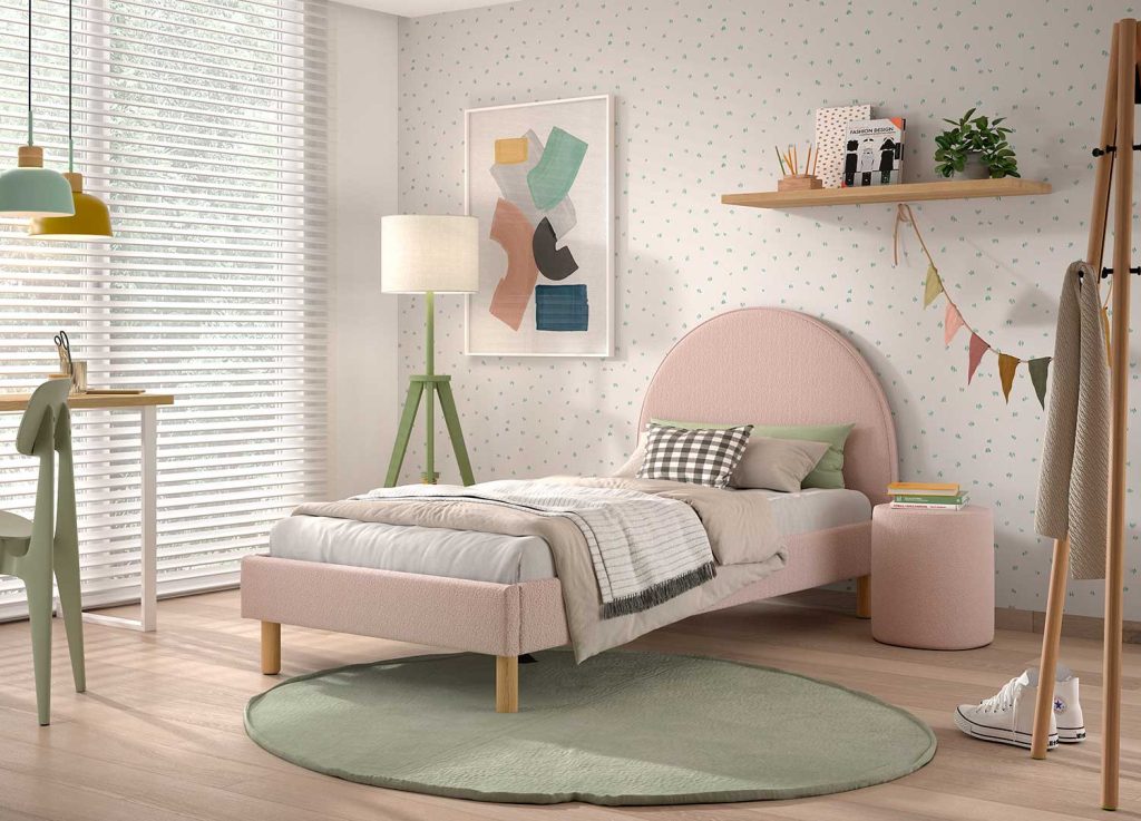 Lit 90x200 cm avec pouf en tissu bouclette rose Moon