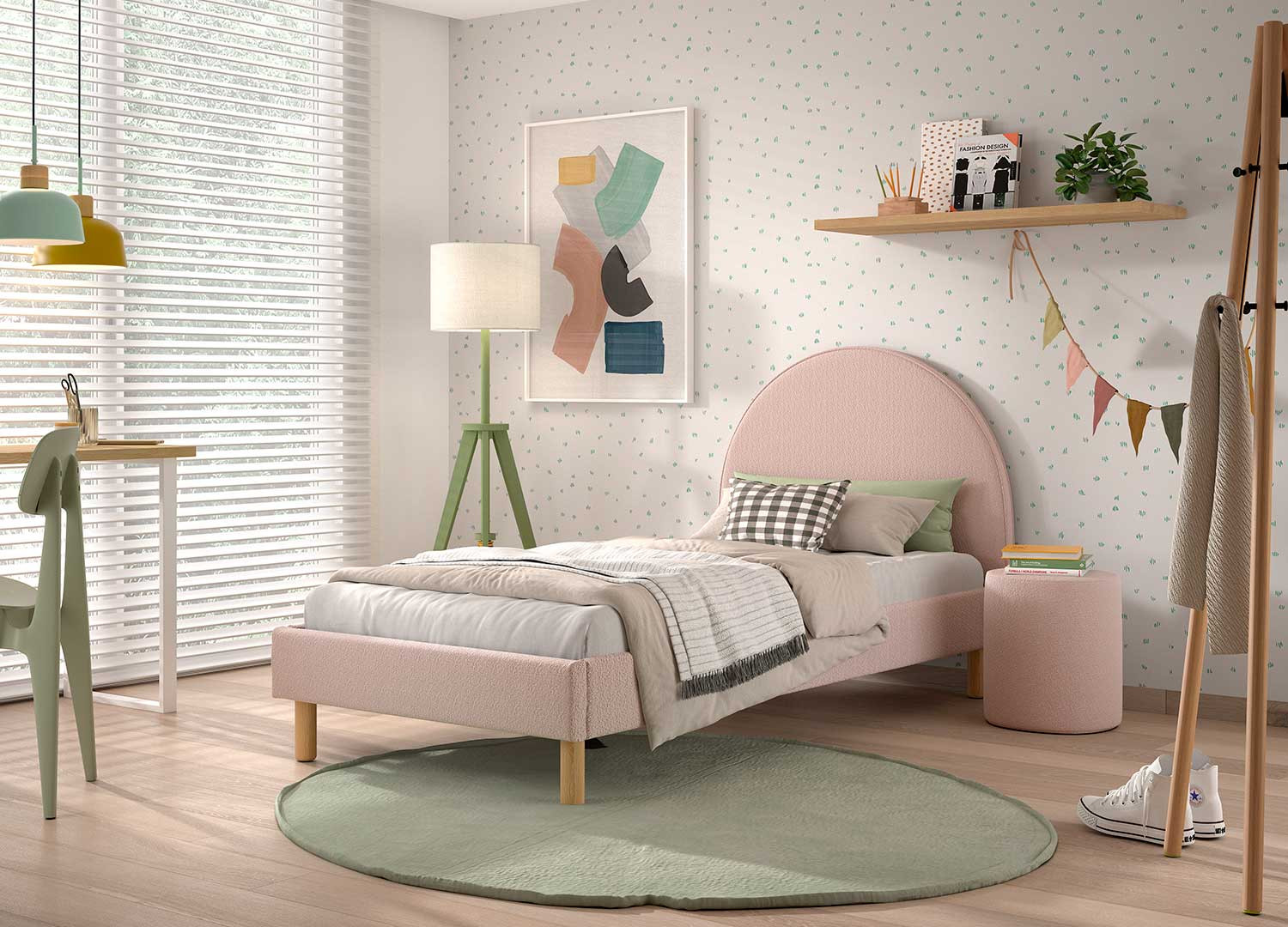Lit 90x200 cm avec pouf en tissu bouclette rose Moon