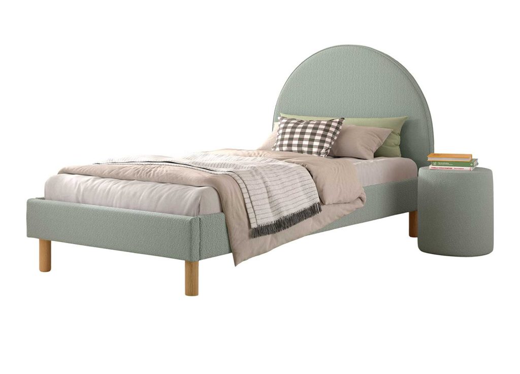 Lit 90x200 cm avec pouf en tissu bouclette vert Moon
