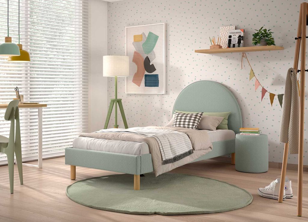 Lit 90x200 cm avec pouf en tissu bouclette vert Moon