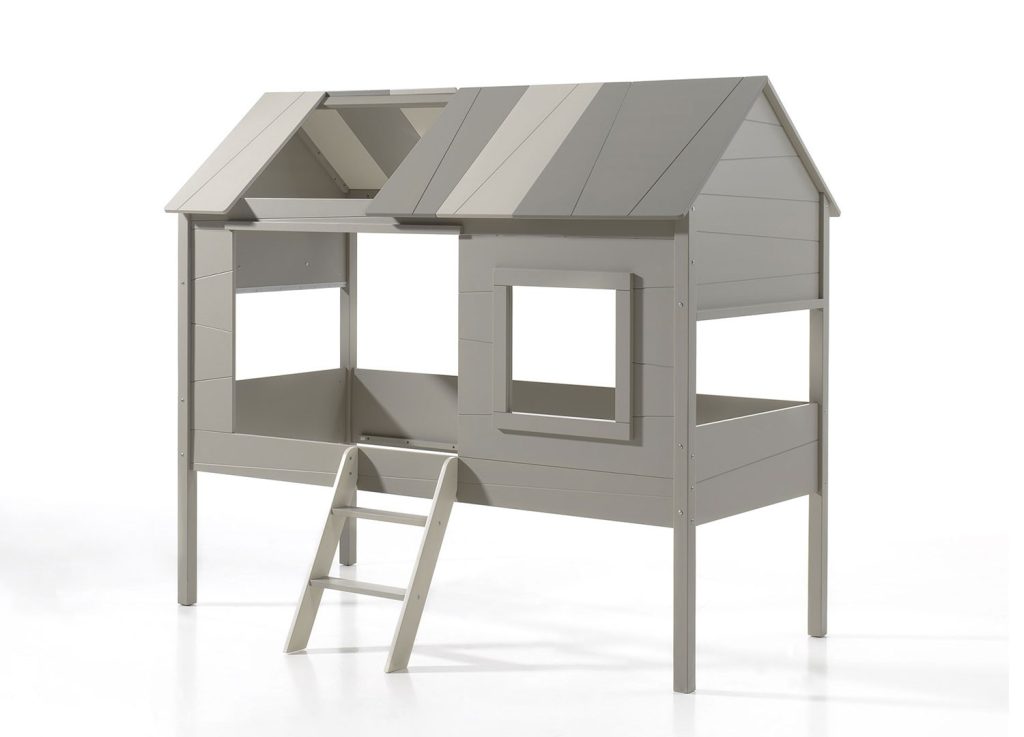 Lit cabane gris et beige laqué 90x200 cm