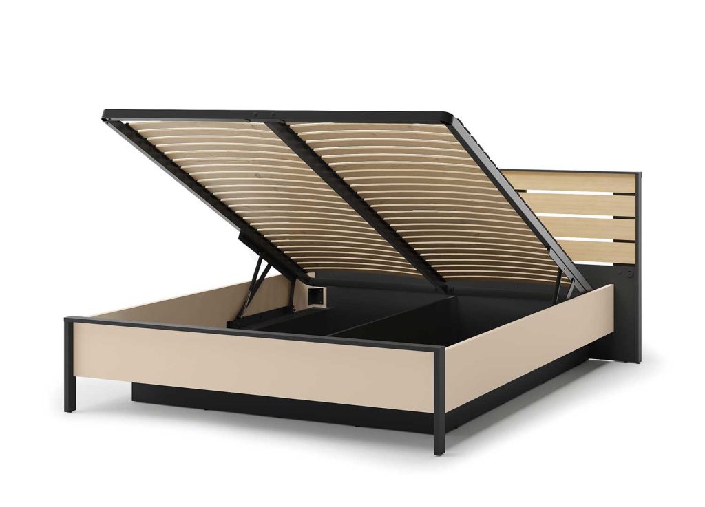 Lit coffre 160 avec tête de lit LED beige, noir et chêne Natura