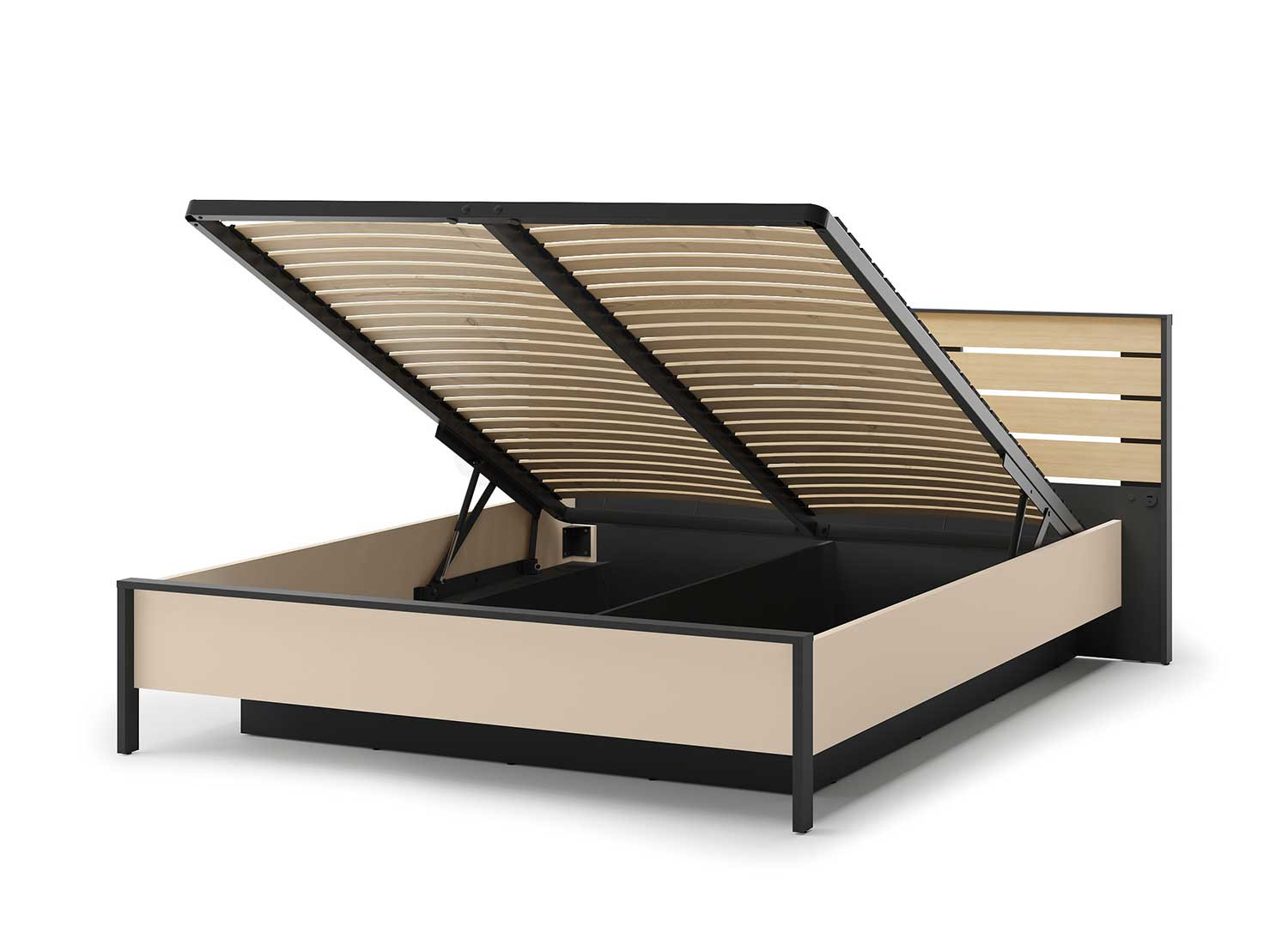 Lit coffre avec tête de lit LED beige, noir et chêne Natura