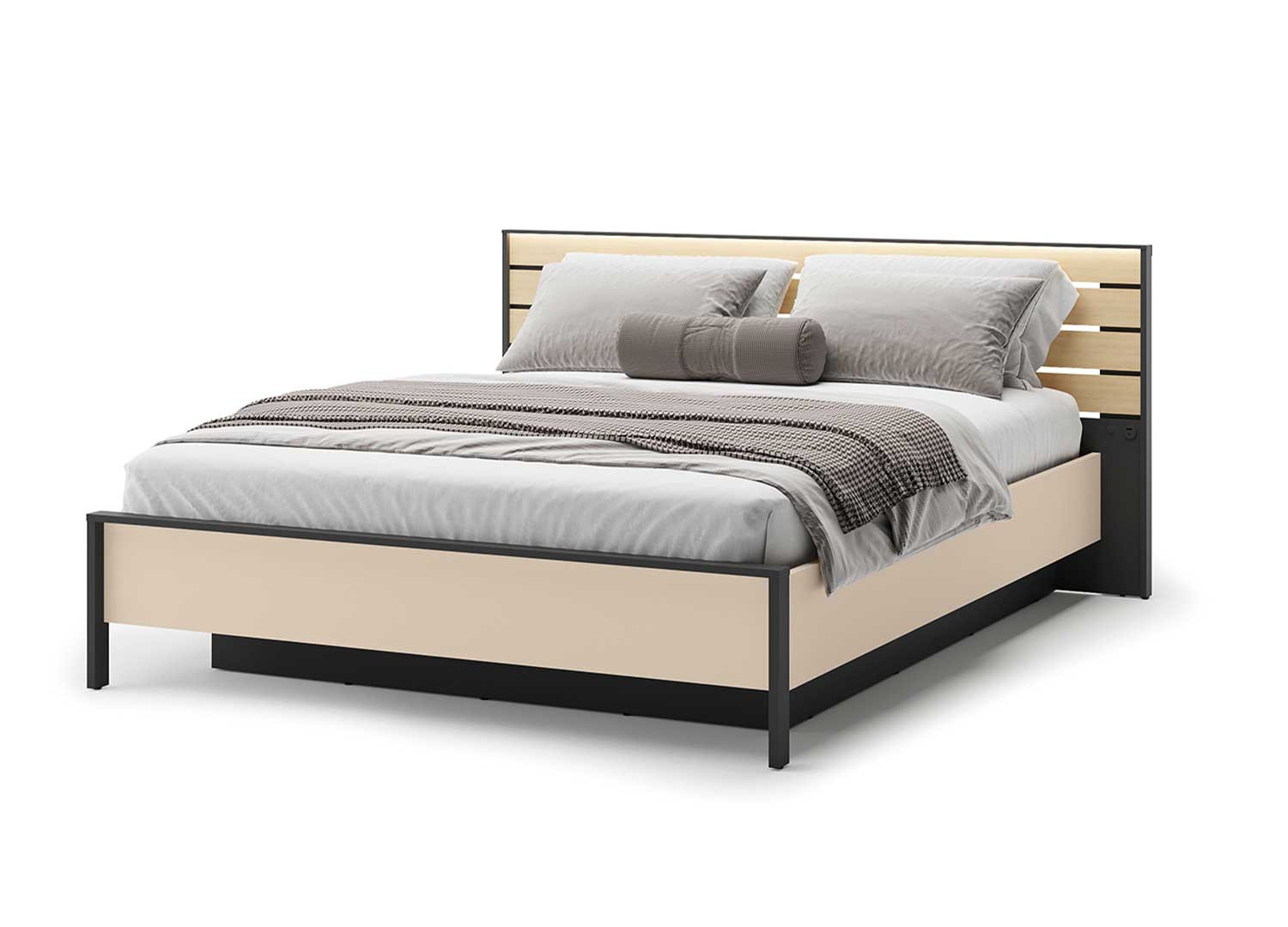 Lit coffre avec tête de lit LED beige, noir et chêne Natura