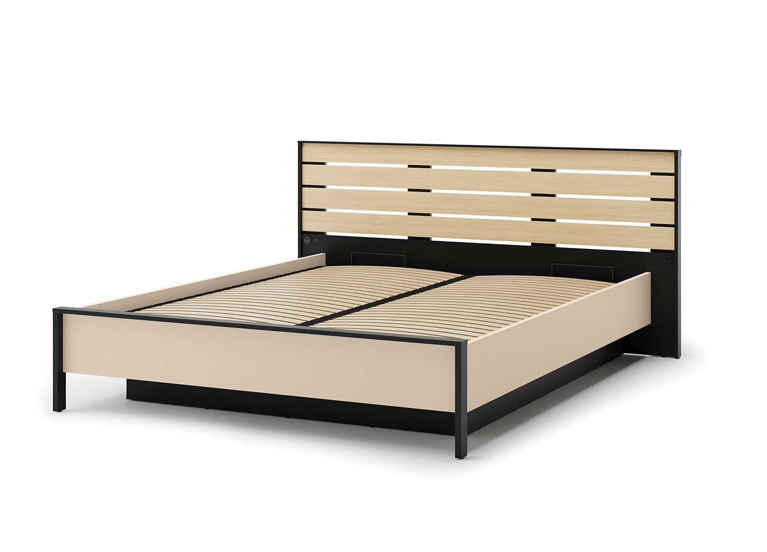 Lit coffre avec tête de lit LED beige, noir et chêne Natura