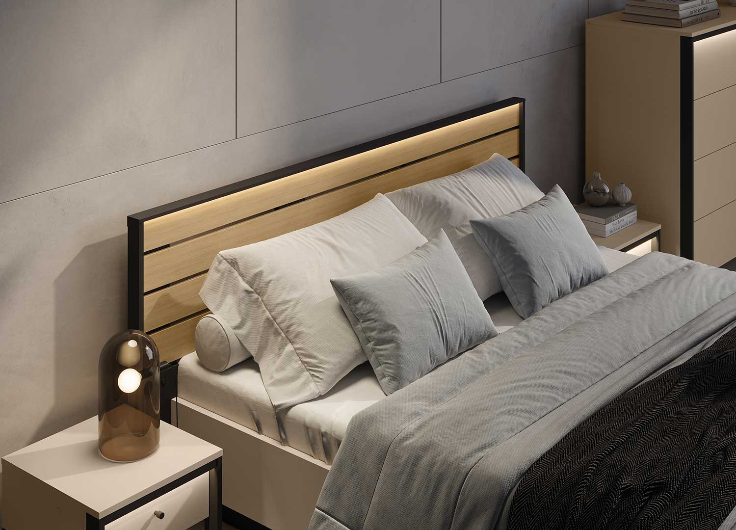 Lit coffre avec tête de lit LED beige, noir et chêne Natura
