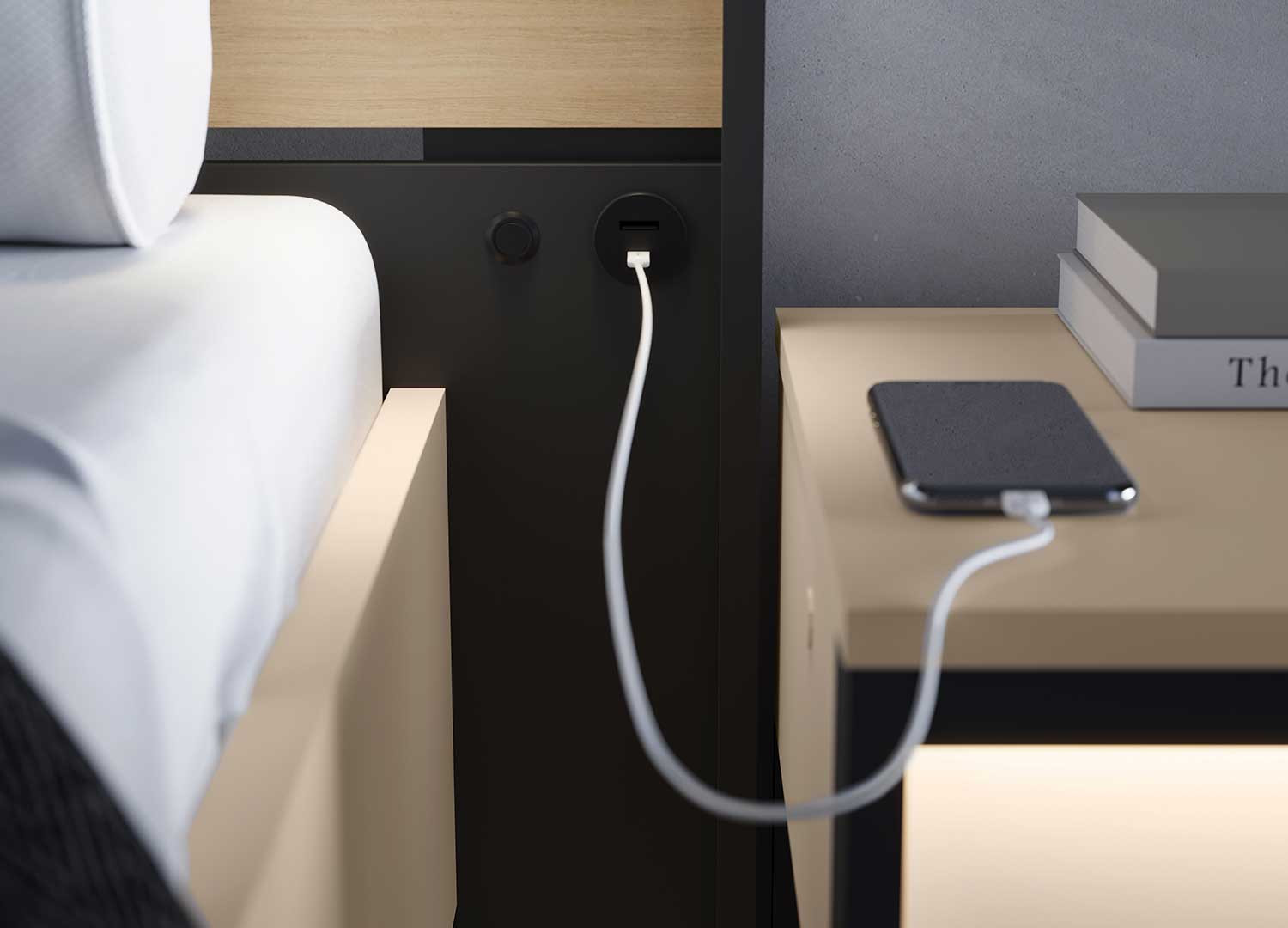 Lit coffre avec tête de lit LED beige, noir et chêne Natura