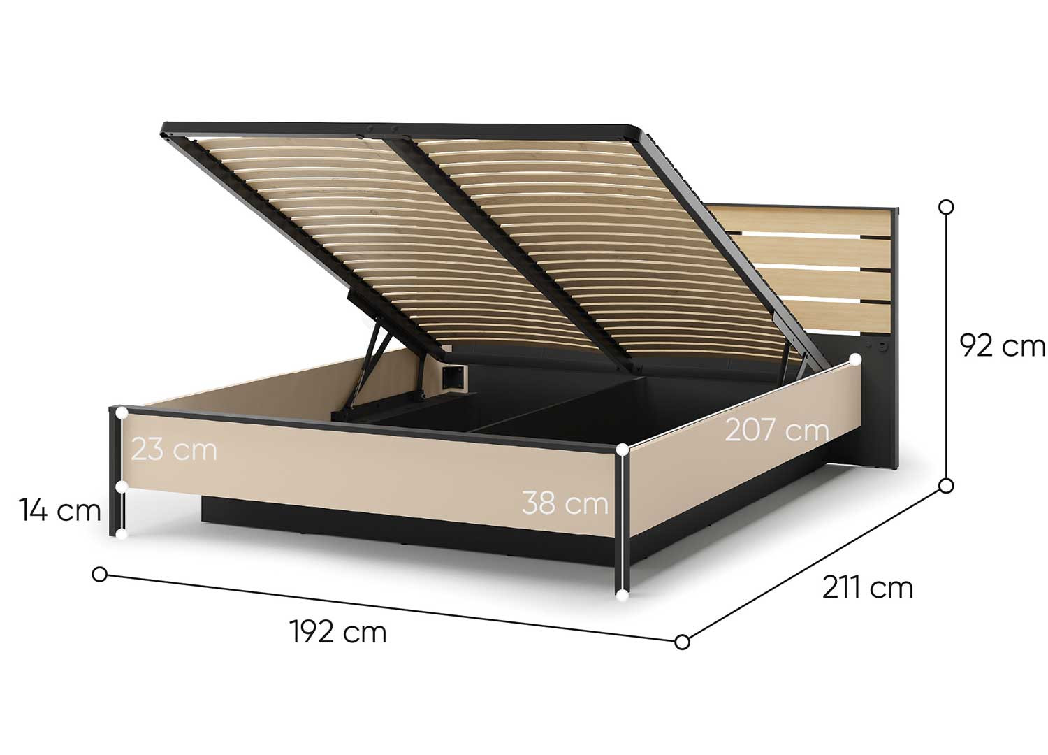 Lit coffre avec tête de lit LED beige, noir et chêne Natura