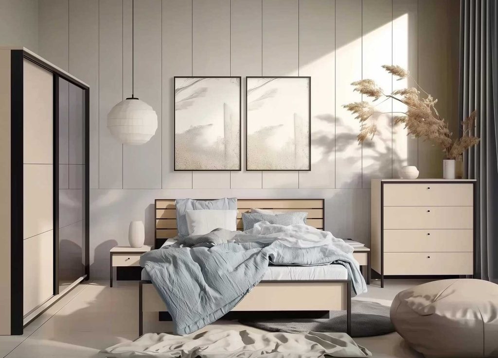 Lit coffre 180x200 cm avec tête de lit LED beige, noir et chêne Natura
