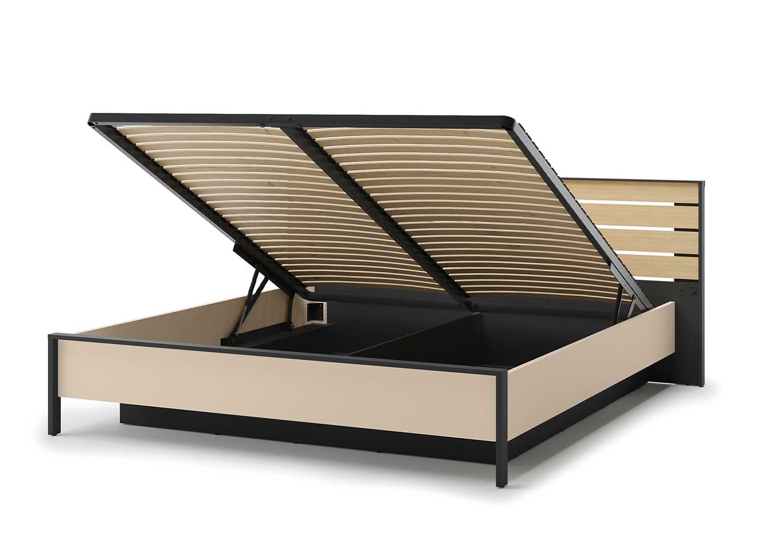 Lit coffre 180x200 cm avec tête de lit LED beige, noir et chêne Natura