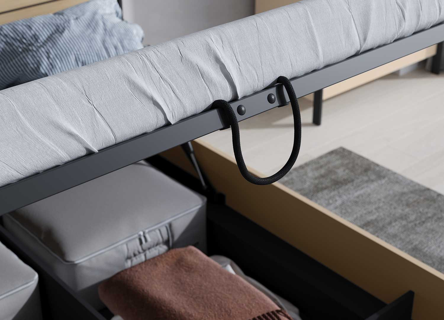 Lit coffre 180x200 cm avec tête de lit LED beige, noir et chêne Natura