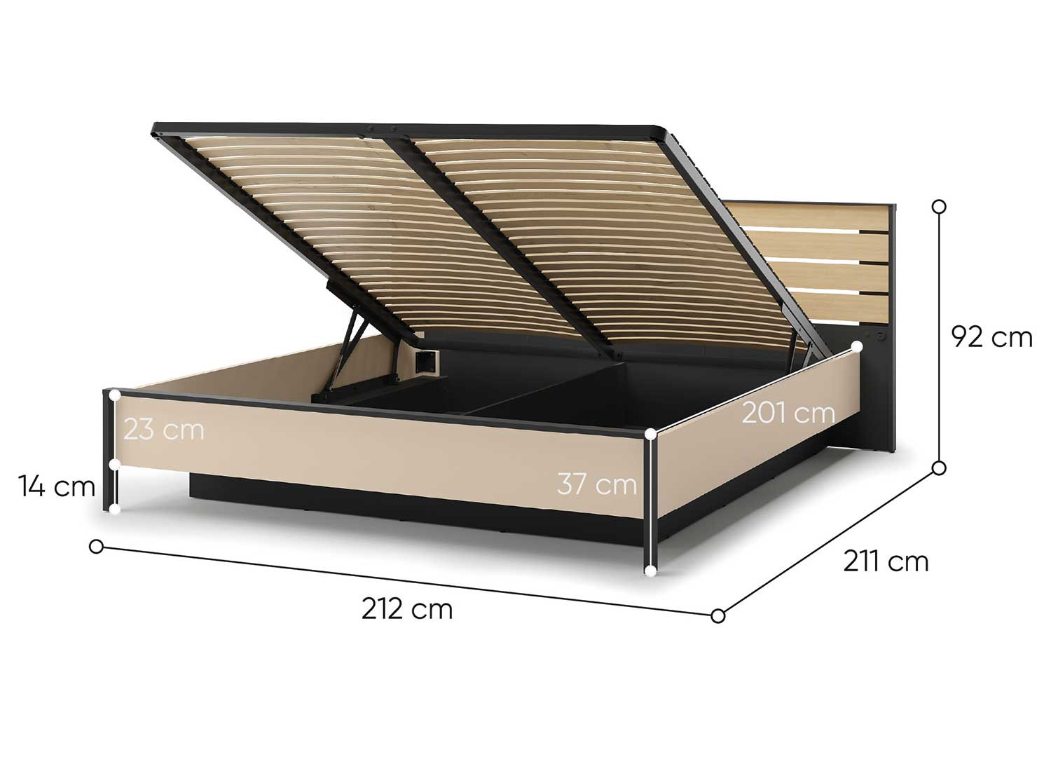 Lit coffre 180x200 cm avec tête de lit LED beige, noir et chêne Natura