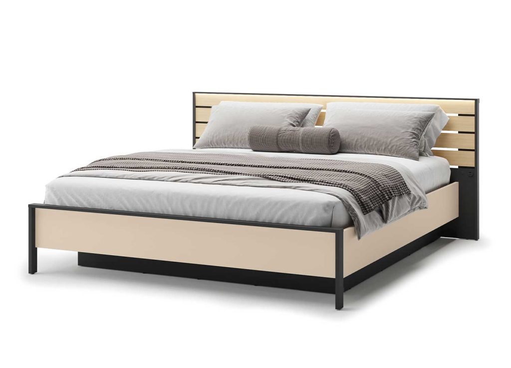 Lit coffre 180x200 cm avec tête de lit LED beige, noir et chêne Natura