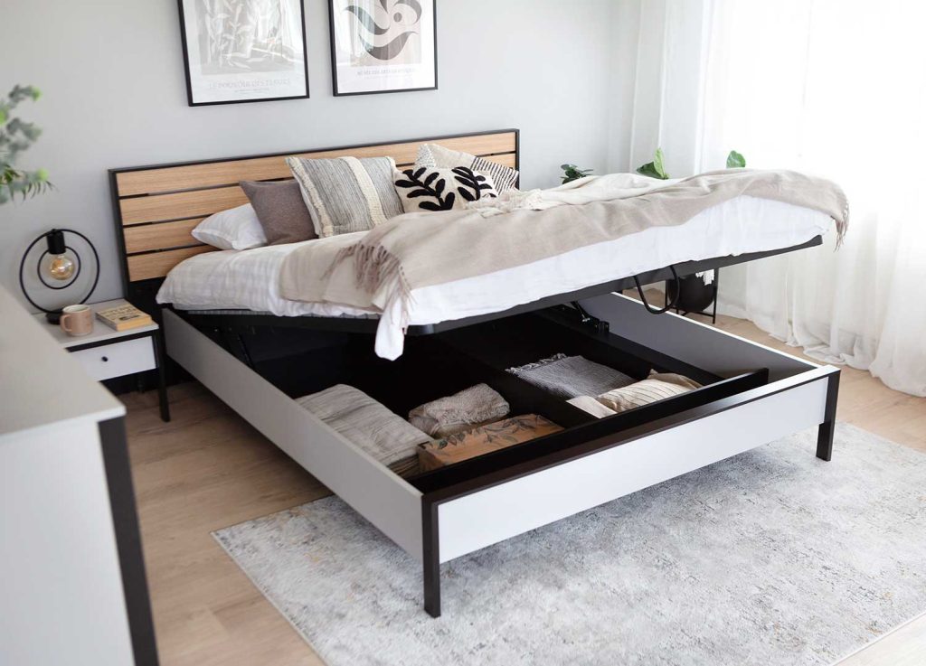 Lit coffre moderne 160 gris et noir avec tête de lit chêne éclairée