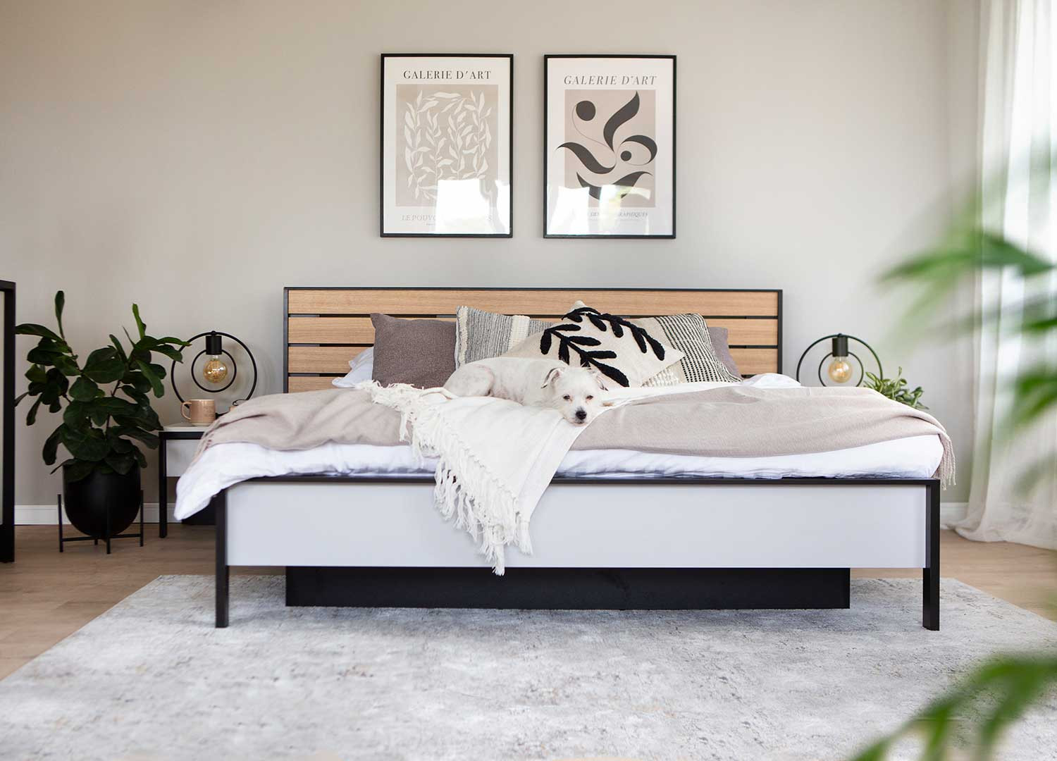 Lit moderne relevable 160 gris et noir avec tête de lit chêne éclairée