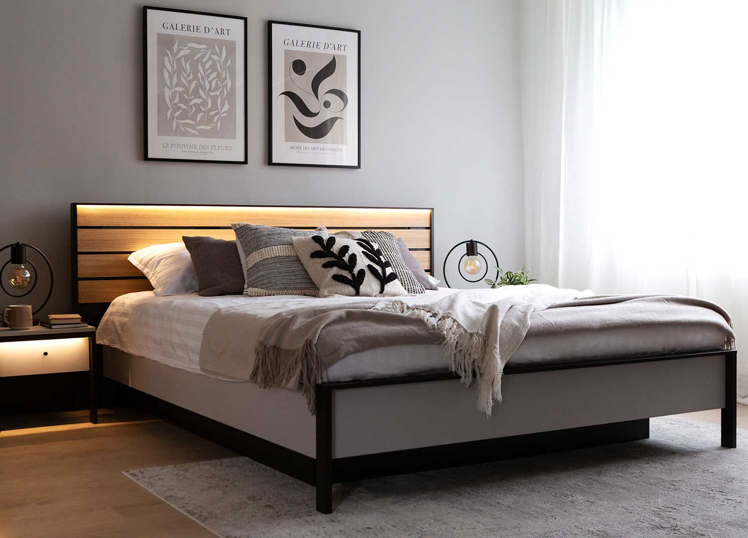 Lit moderne relevable 160 gris et noir avec tête de lit chêne éclairée