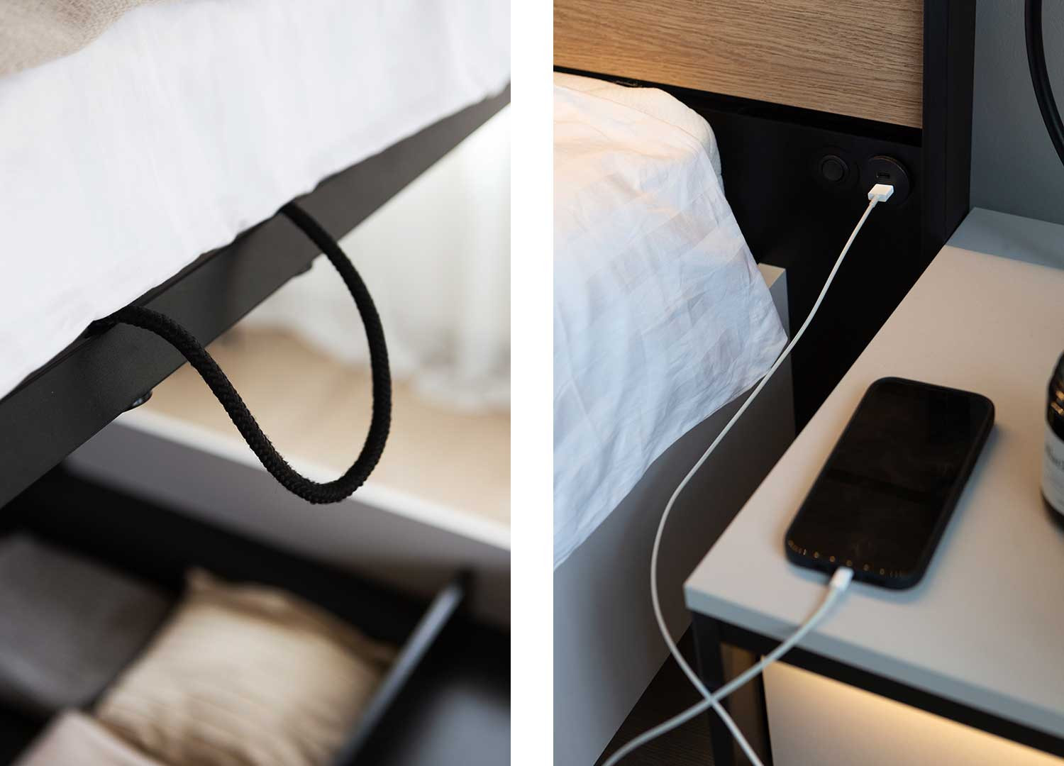 Lit moderne relevable 160 gris et noir avec tête de lit chêne éclairée