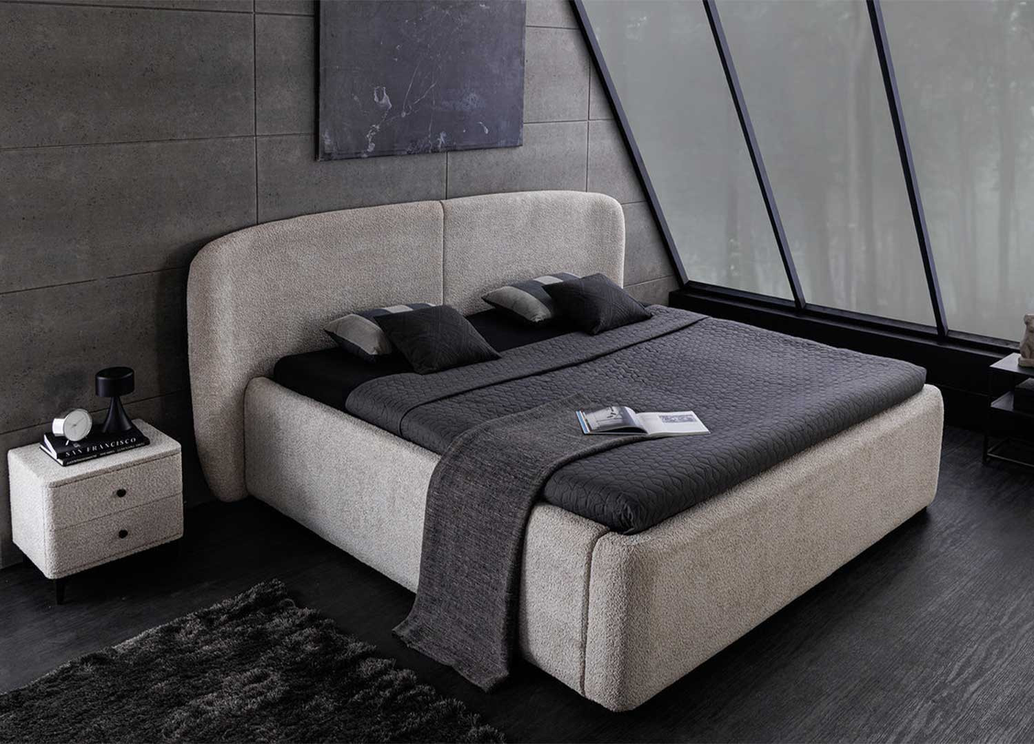 Lit coffre tissu bouclé grège avec rangement Natalia