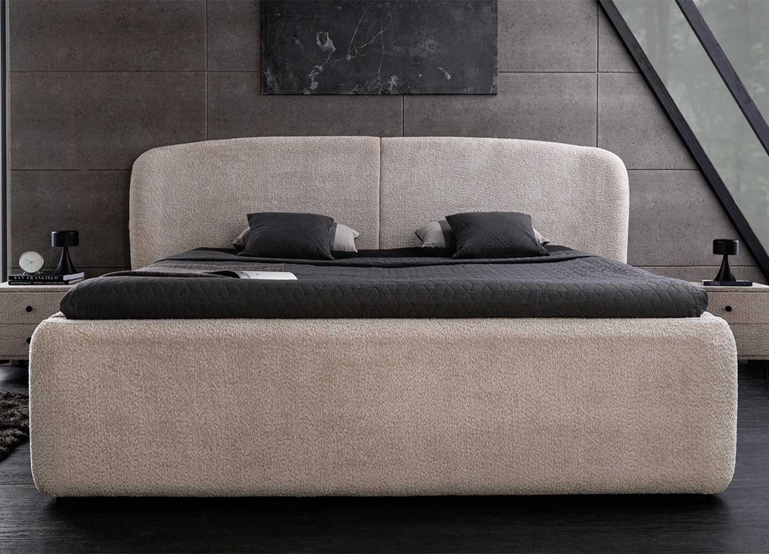 Lit coffre tissu bouclé grège avec rangement Natalia