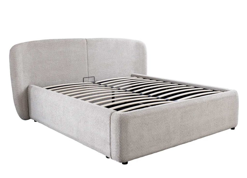 Lit coffre tissu bouclé grège avec rangement Natalia