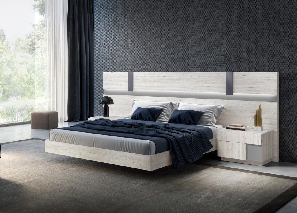 Lit contemporain 160x200cm frêne et gris avec éclairage led