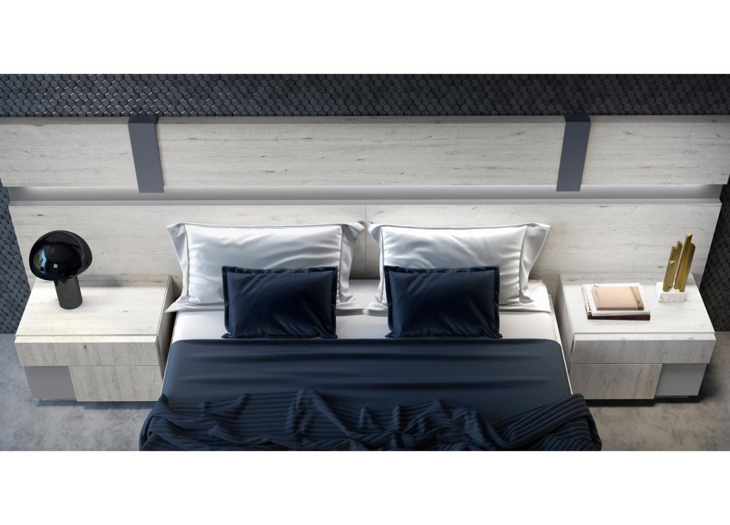 Lit contemporain 160x200cm frêne et gris avec éclairage led