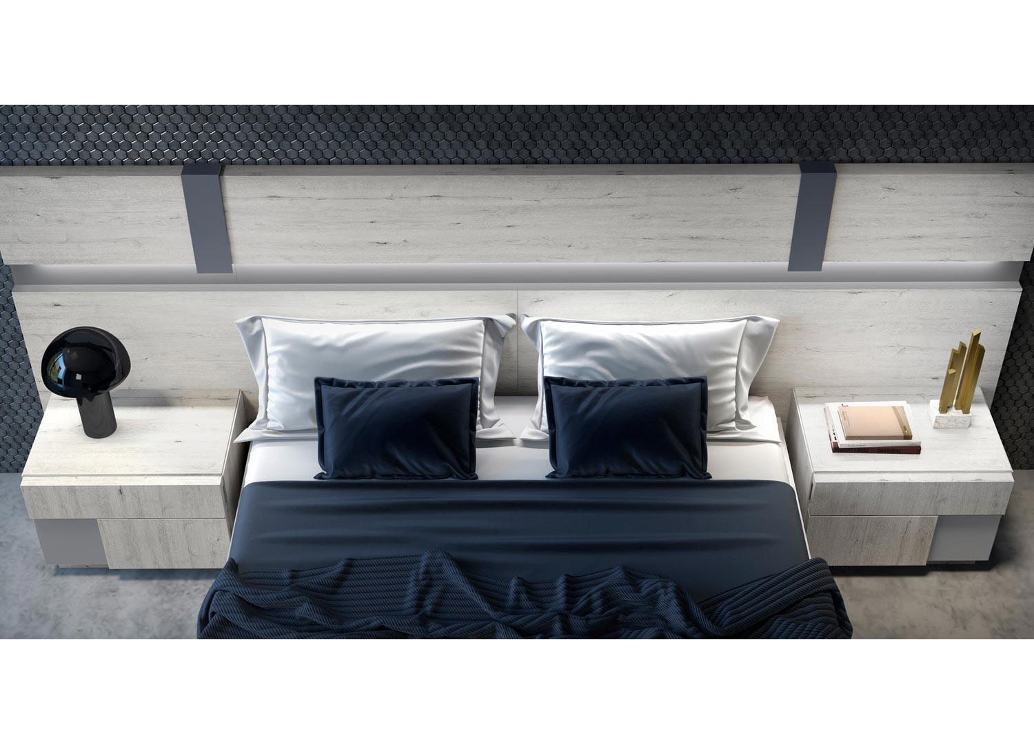 Lit contemporain 160x200cm frêne et gris avec éclairage led