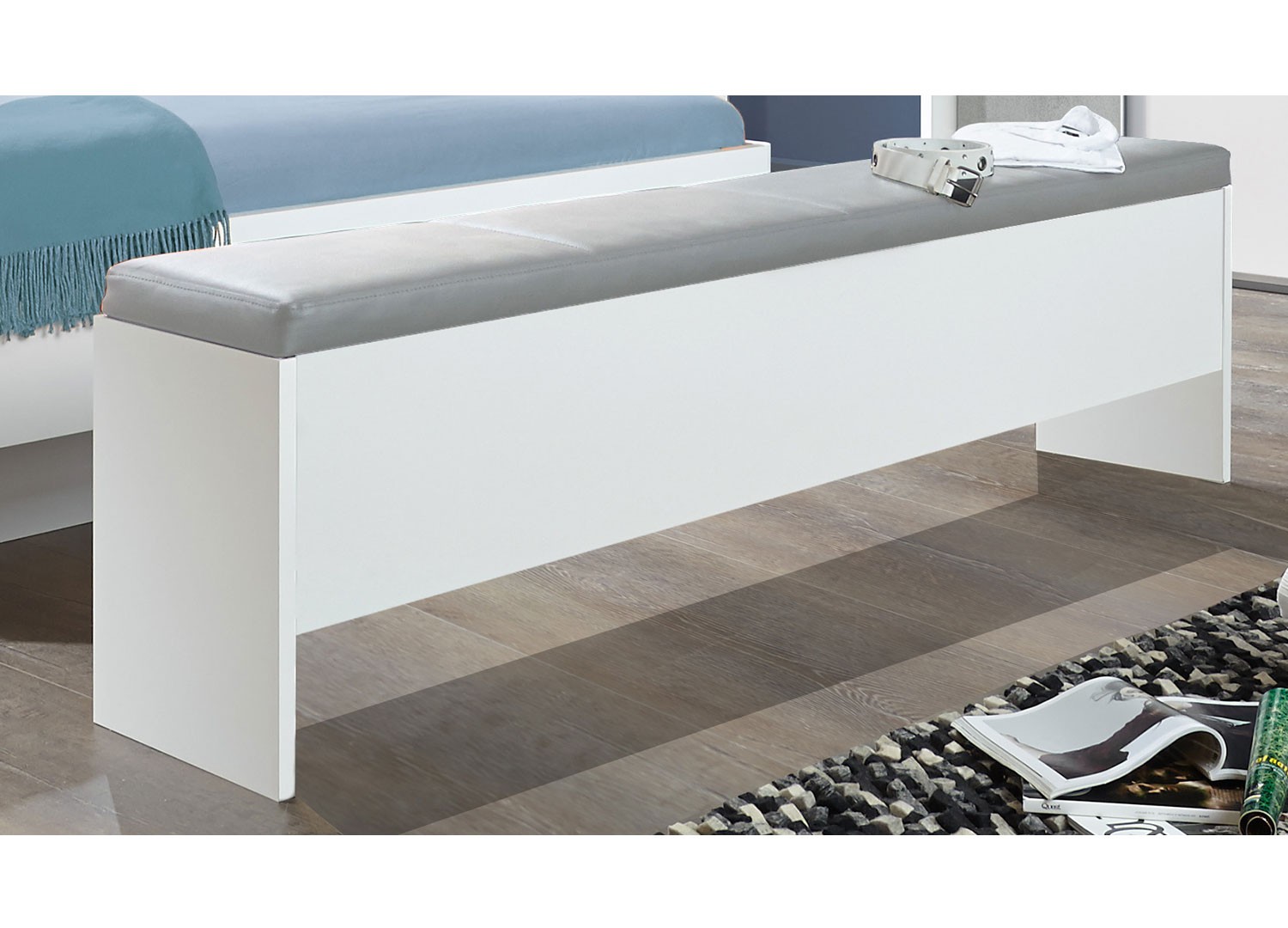 Lit de chambre adulte 160x200 cm avec chevets suspendus gris béton clair et blanc
