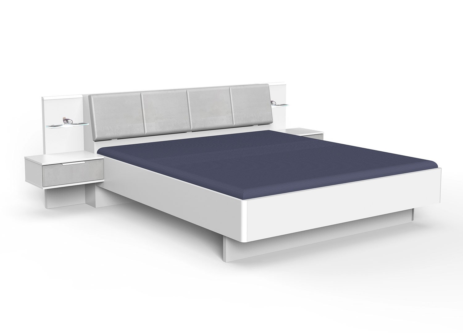 Lit de chambre adulte 160x200 cm avec chevets suspendus gris béton clair et blanc