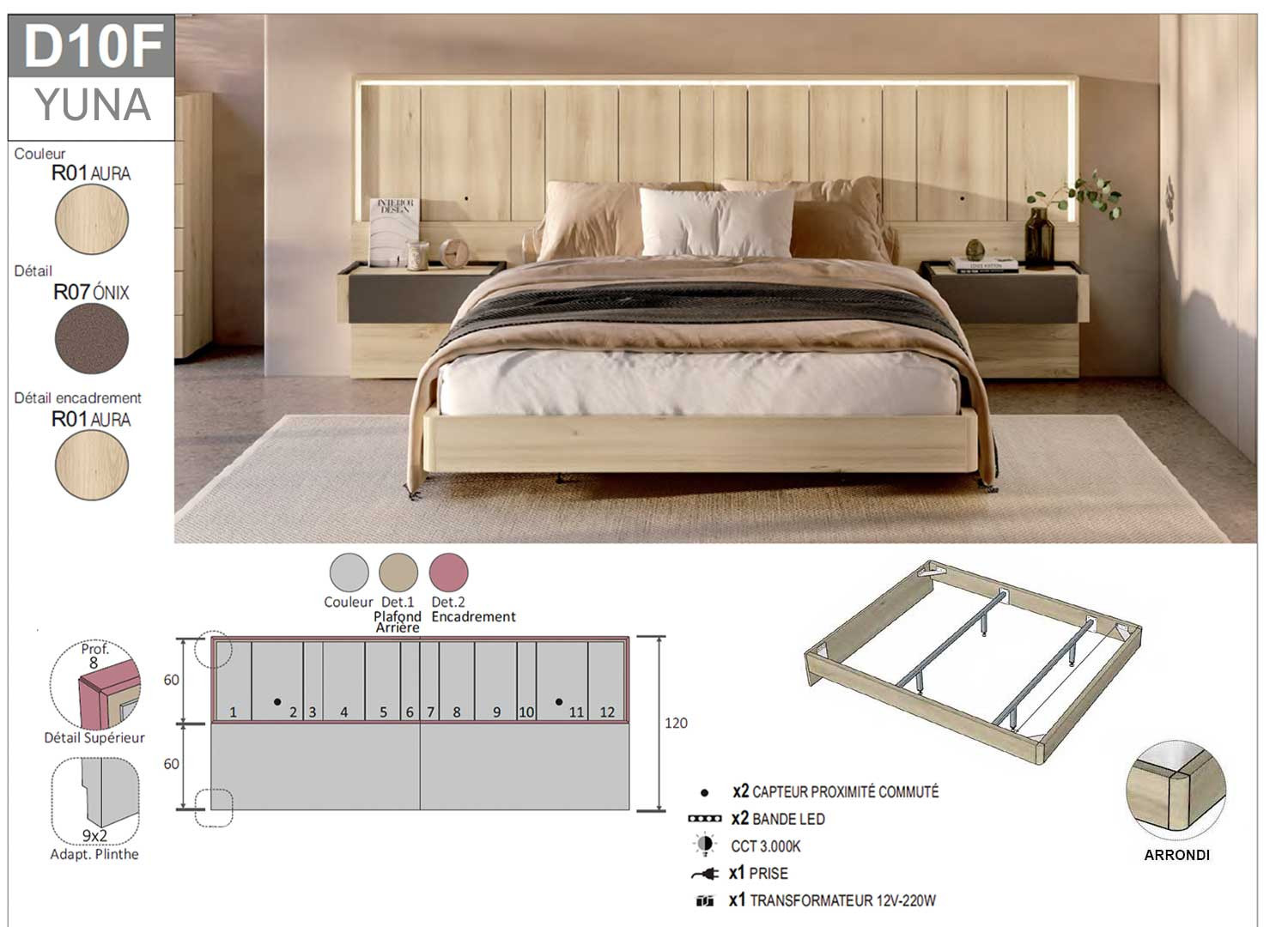 Lit chambre adulte moderne 180x200 cm à led Yuna