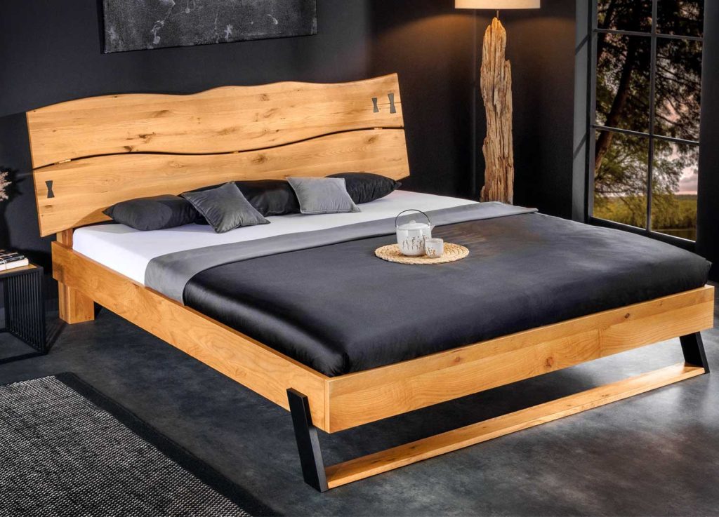 Lit en bois chêne sauvage et métal noir 180x200 cm