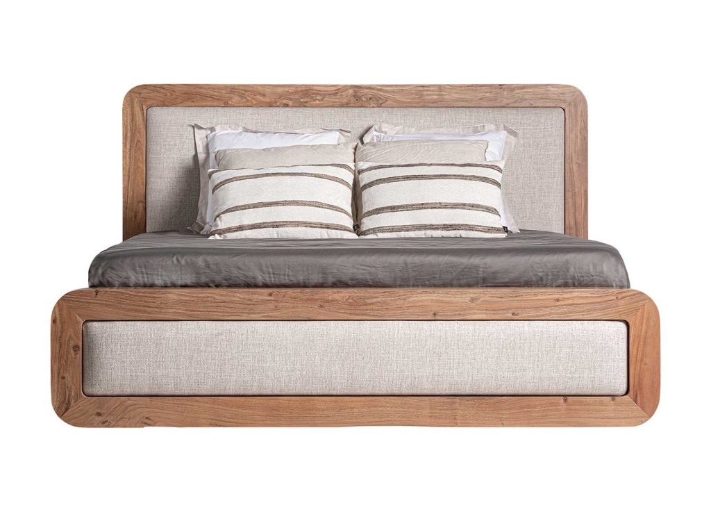 Lit en bois d'acacia 180x200 cm et tissu beige Danya