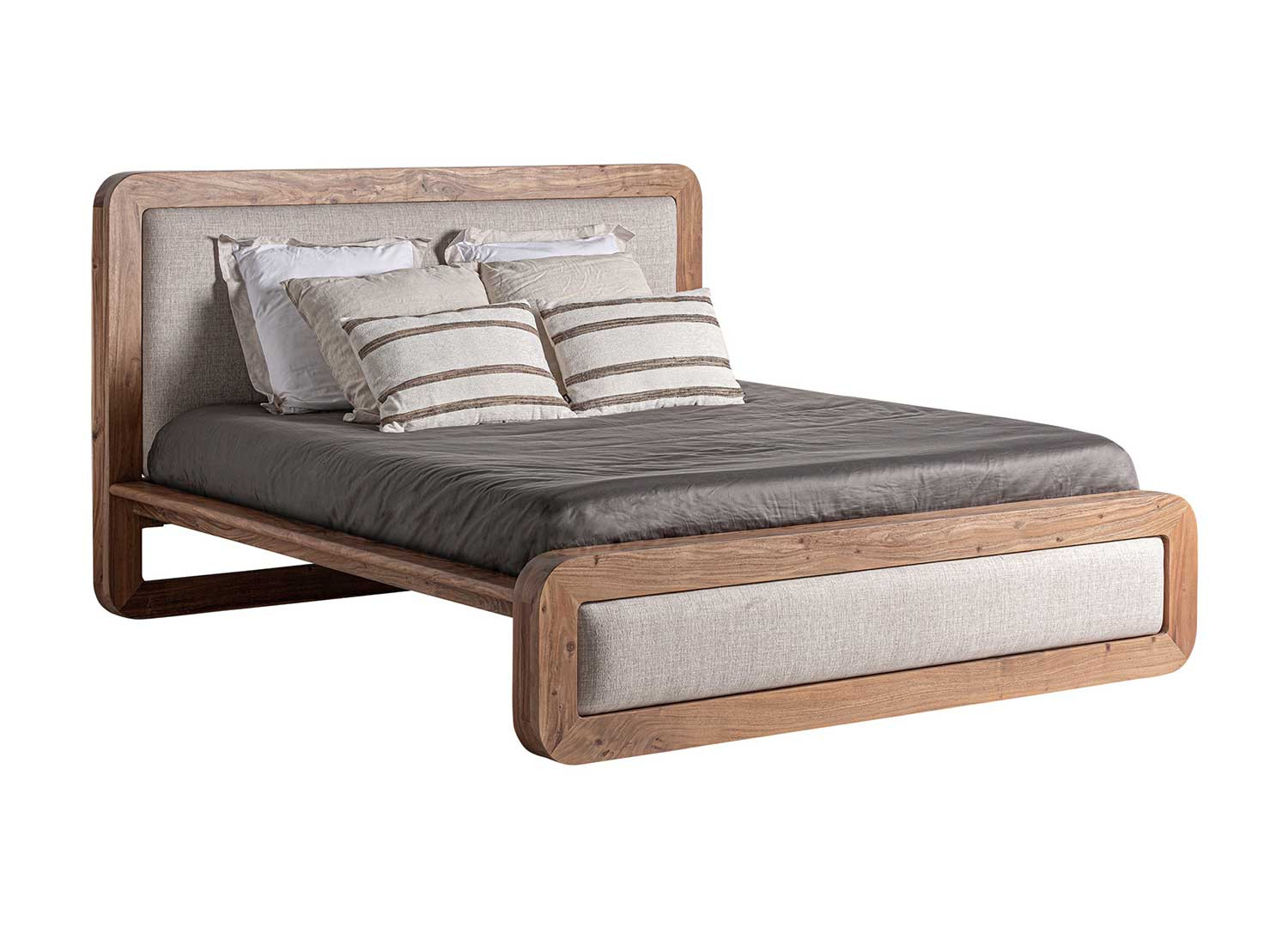 Lit en bois d'acacia 180x200 cm et tissu beige Danya