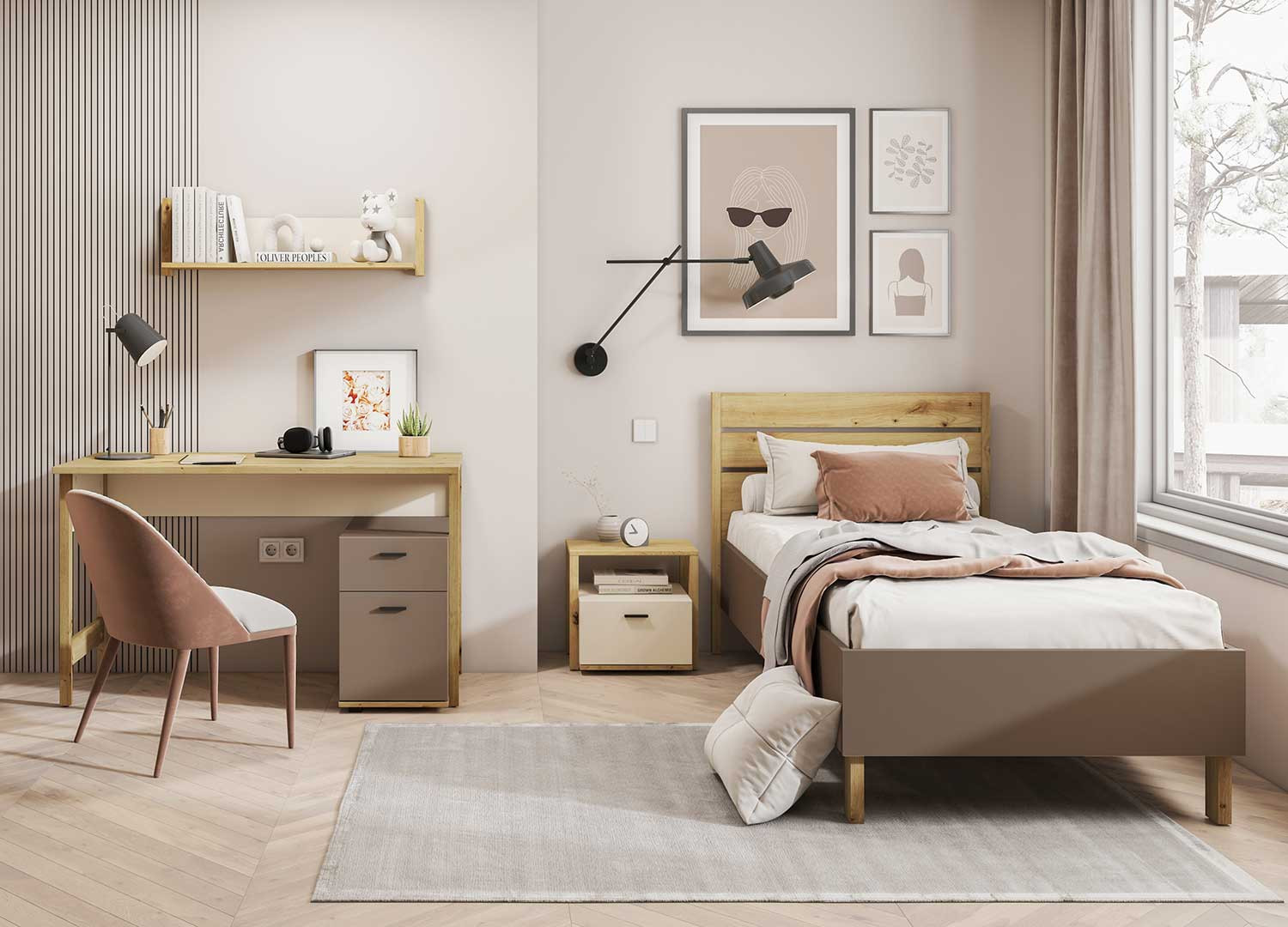 Lit enfant 120x200 taupe et chêne avec tête de lit