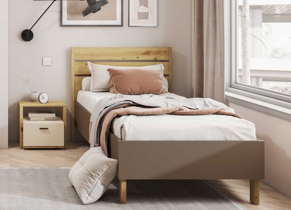 Lit enfant 90x200 taupe et chêne avec tête de lit