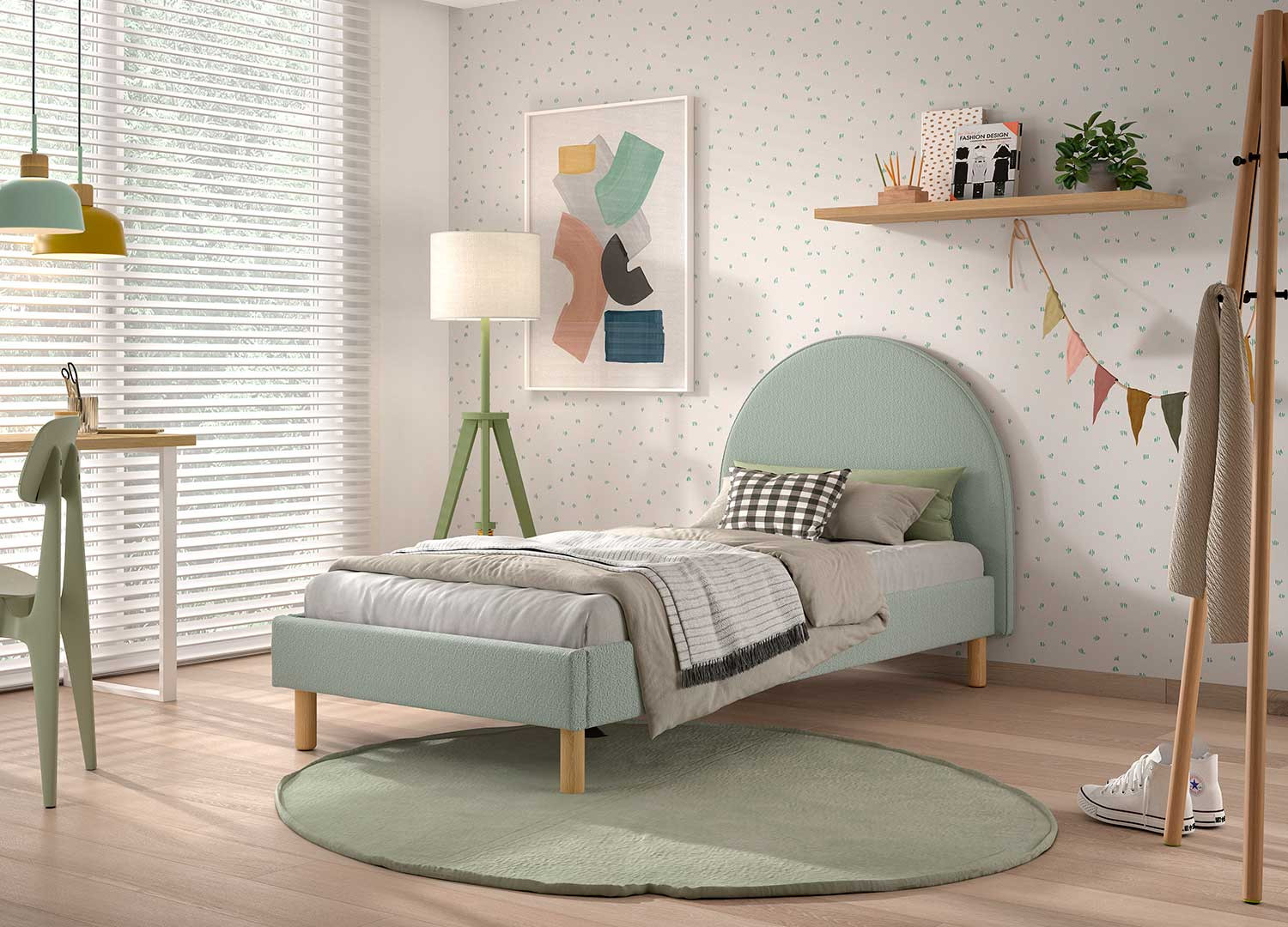 Lit enfant tissu bouclé vert 90x200 cm Moon