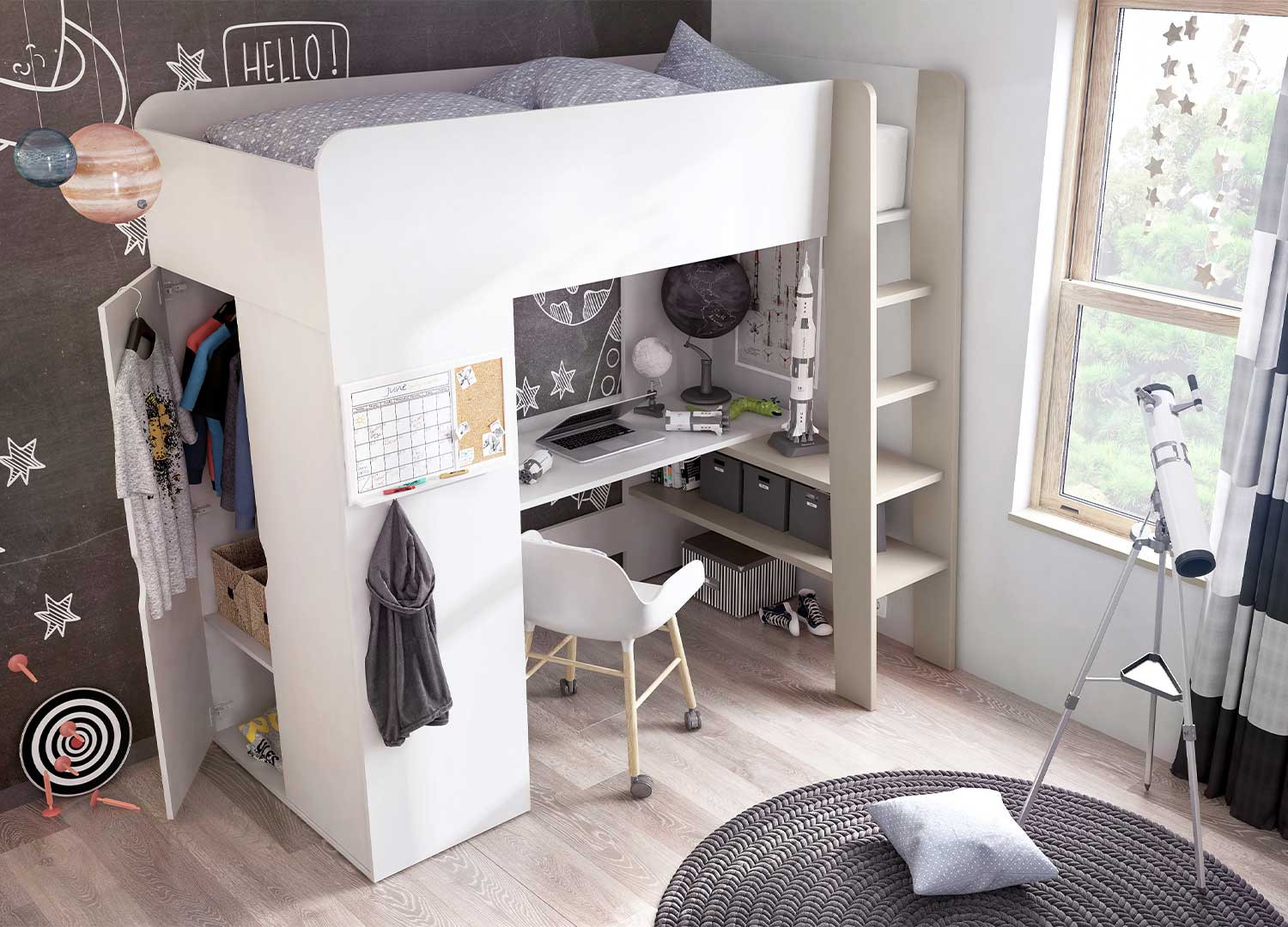 Lit mezzanine avec bureau et armoire taupe beige 3 en 1
