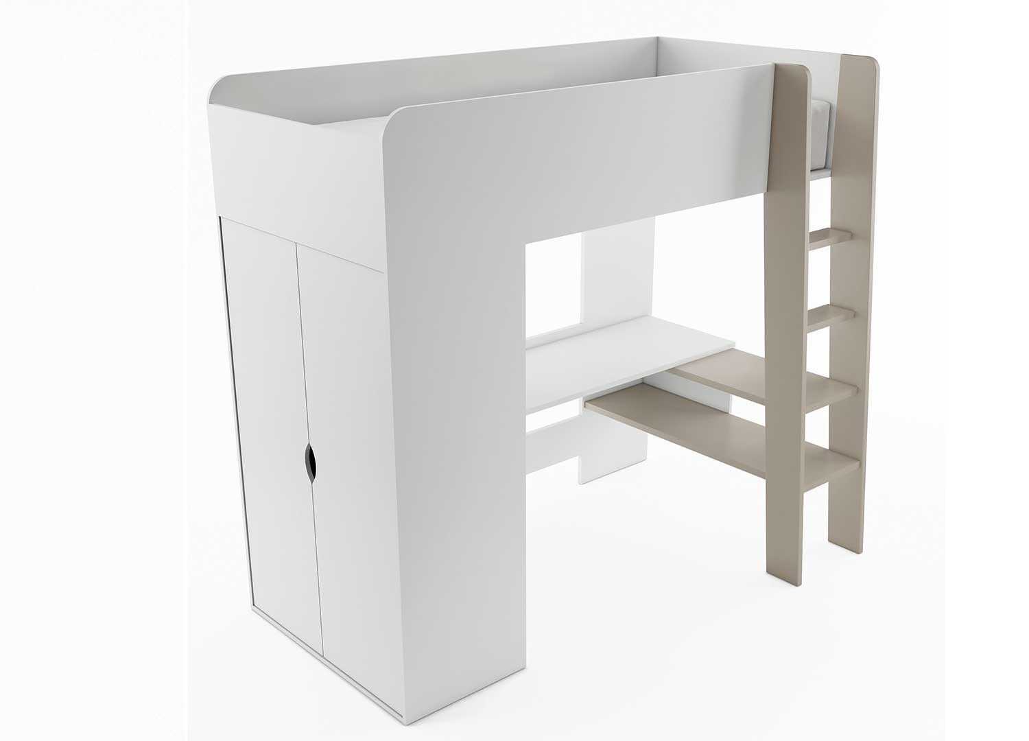 Lit mezzanine avec bureau et armoire taupe beige 3 en 1