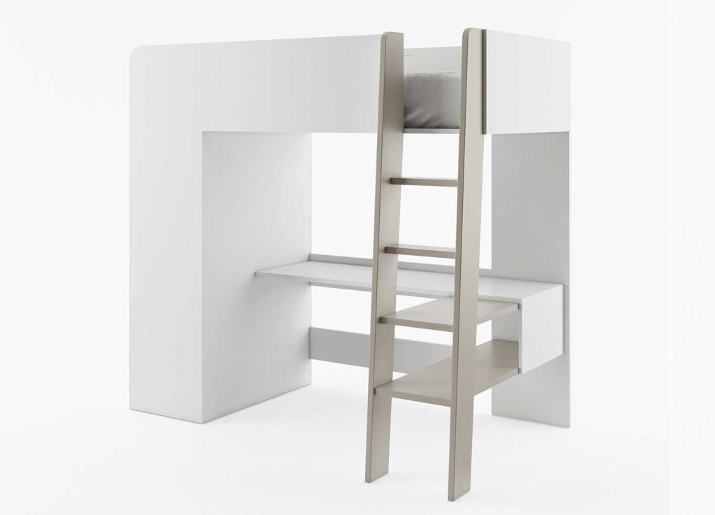 Lit mezzanine avec bureau et armoire taupe beige 3 en 1