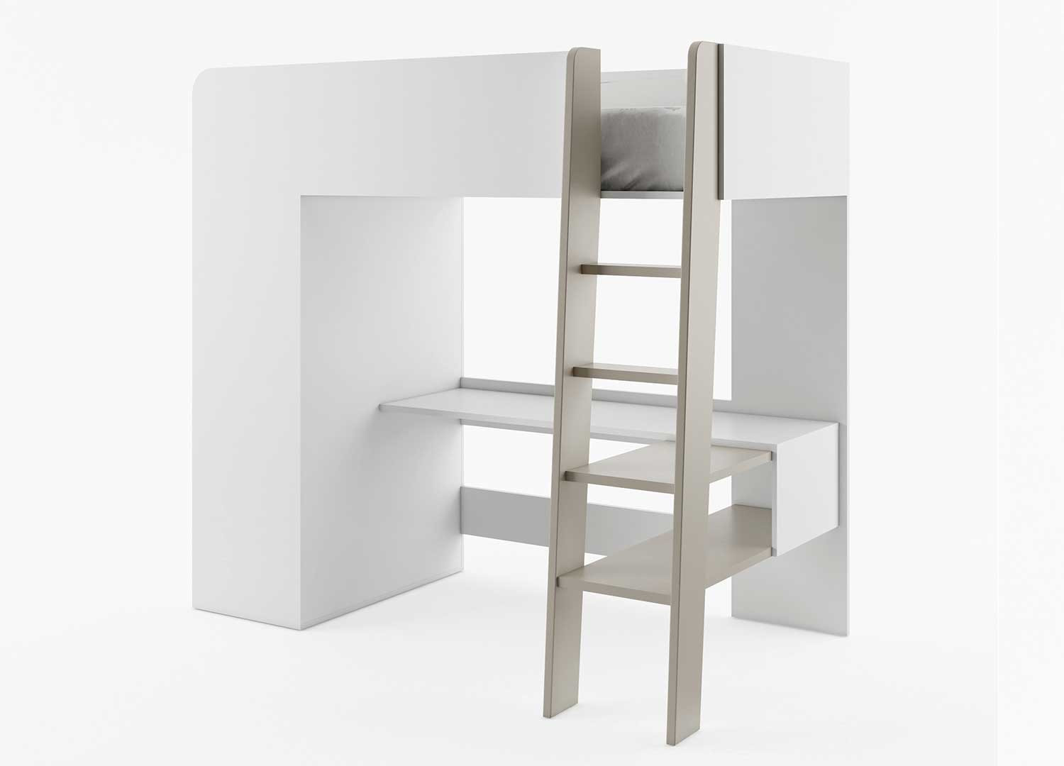 Lit mezzanine avec bureau et armoire taupe beige 3 en 1