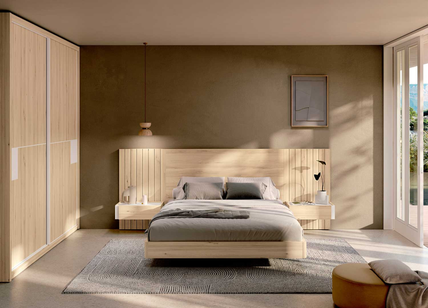 Lit moderne en bois avec chevets suspendus Yuna