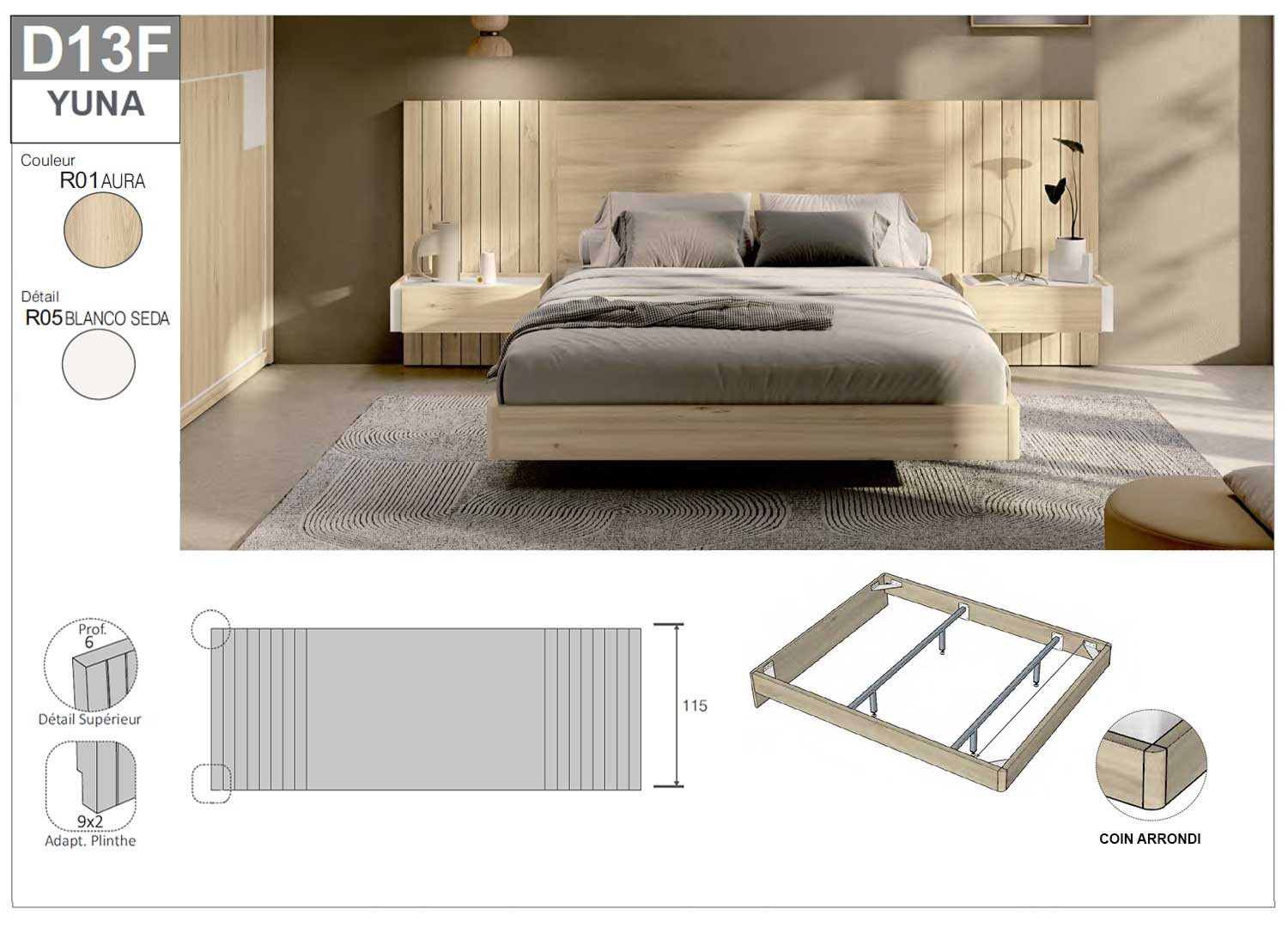 Lit moderne en bois avec chevets suspendus Yuna