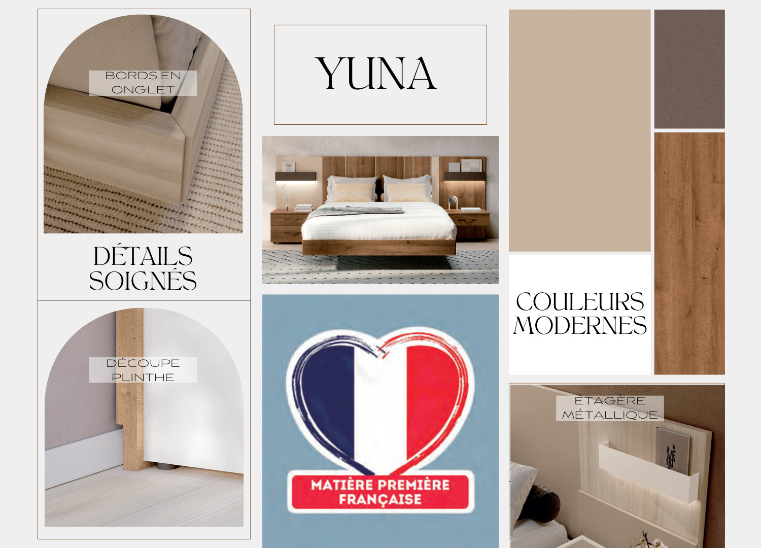 Lit contemporain 180x200 cm avec chevets et led Yuna