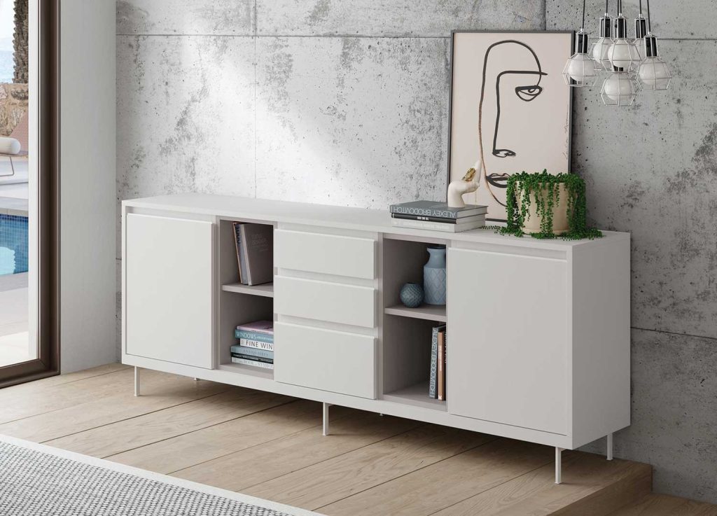 Long buffet contemporain en bois blanc
