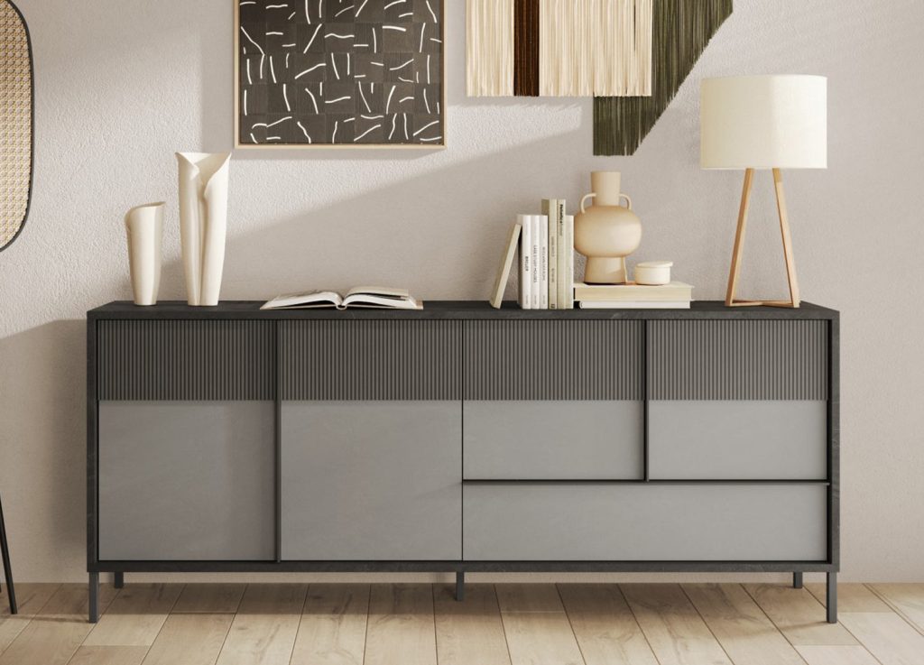 Long buffet gris 4 portes et 1 tiroir 206 cm
