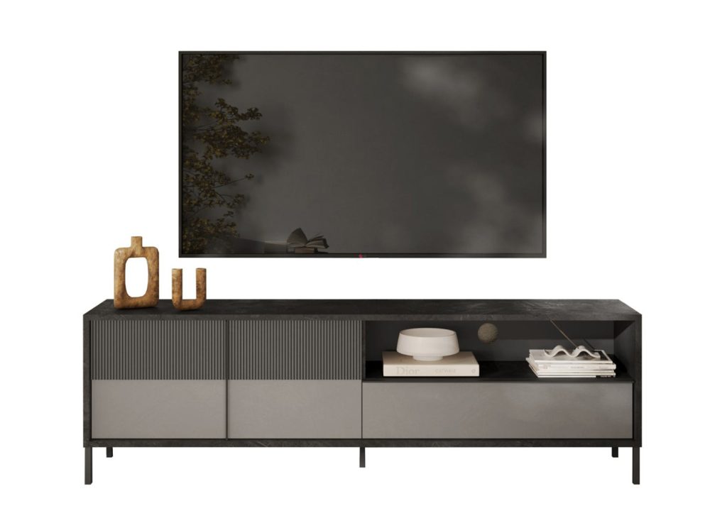 Long meuble TV 206 cm 2 portes sérigraphiées et 1 tiroir gris