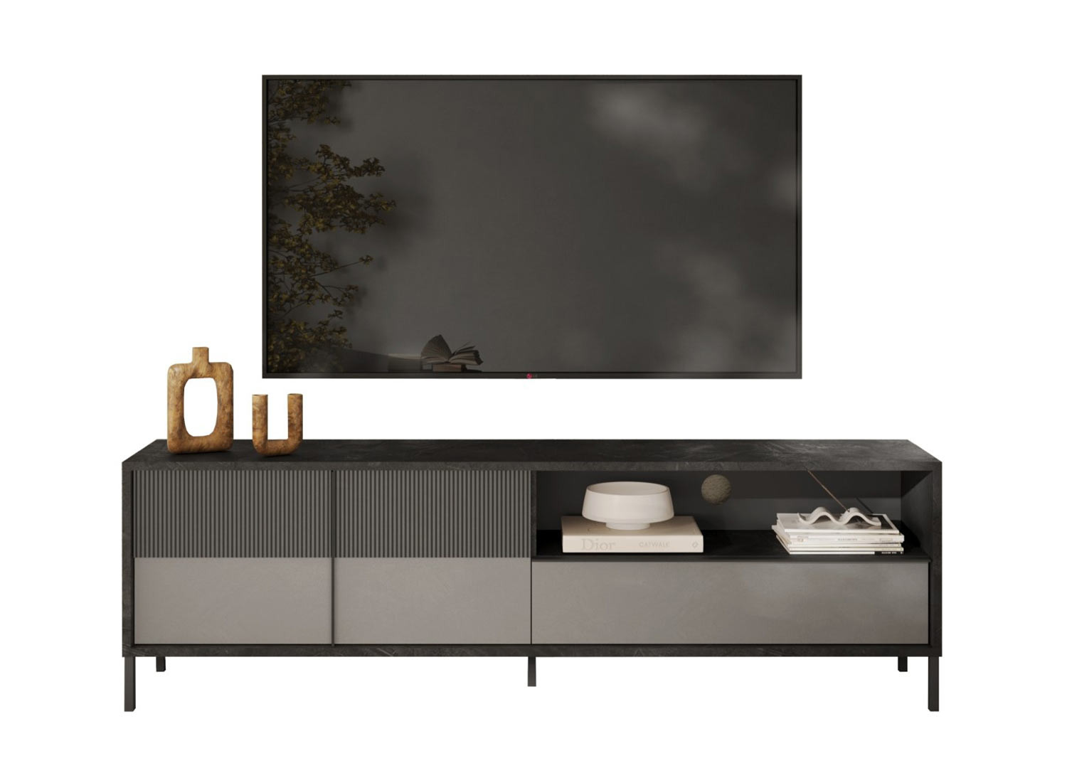 Long meuble TV 206 cm 2 portes sérigraphiées et 1 tiroir gris