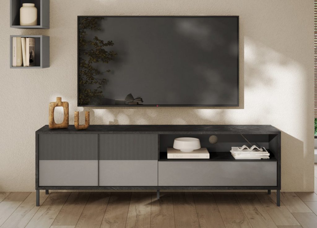 Long meuble TV 206 cm 2 portes sérigraphiées et 1 tiroir gris