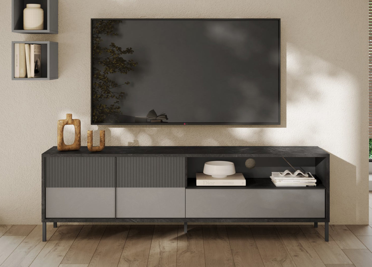 Long meuble TV 206 cm 2 portes sérigraphiées et 1 tiroir gris