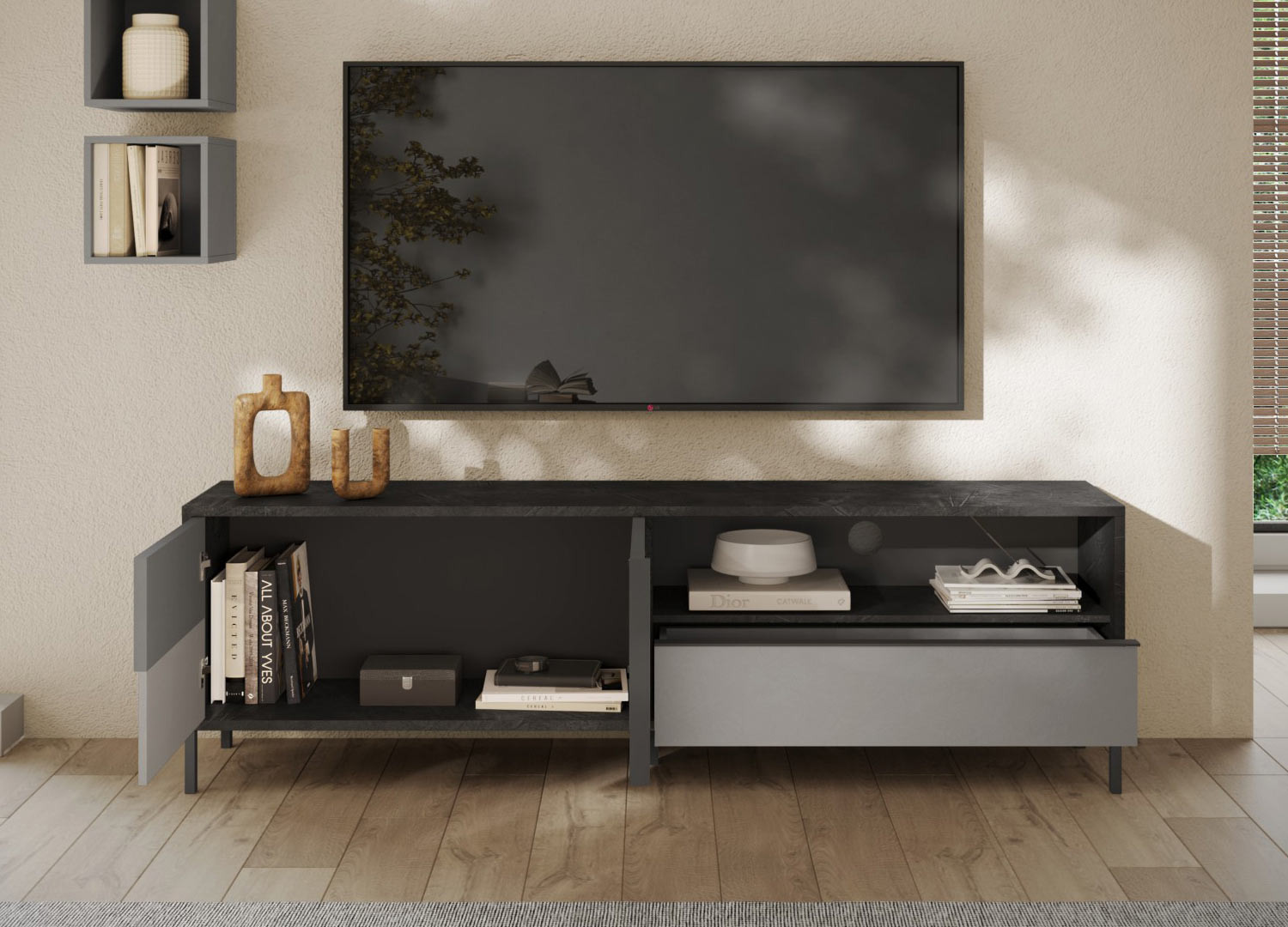 Long meuble TV 206 cm 2 portes sérigraphiées et 1 tiroir gris